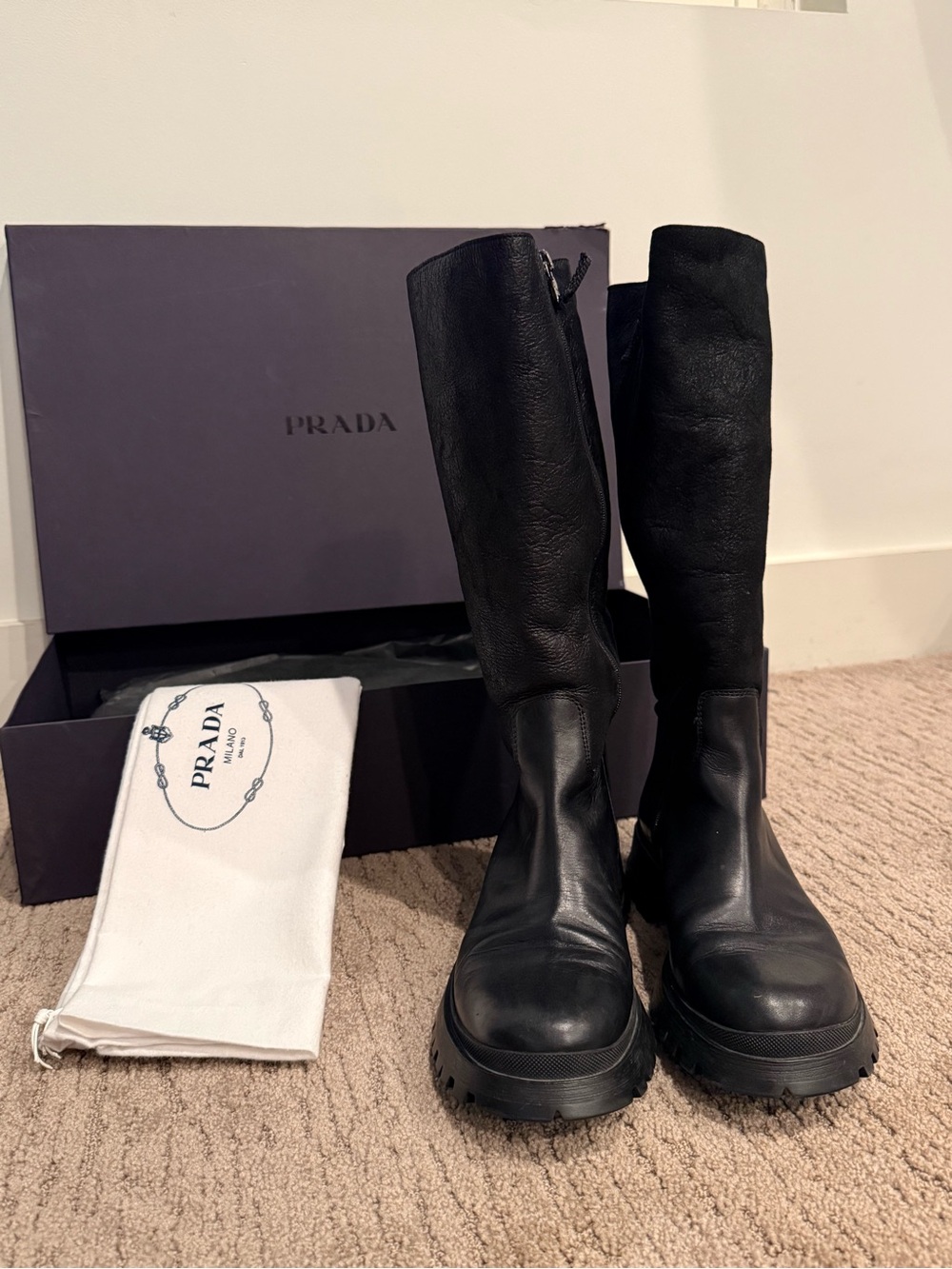 Prada Black Montone Antique Shearling Tall Lug Sole Boots Size 38 Full Set Like